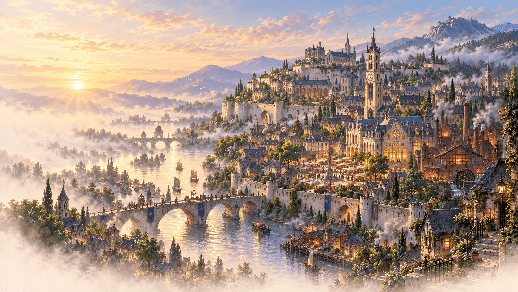 La Cité de Clarity à l’aube, ses ponts, son fleuve et ses toits d’ardoise.